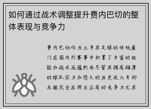 如何通过战术调整提升费内巴切的整体表现与竞争力